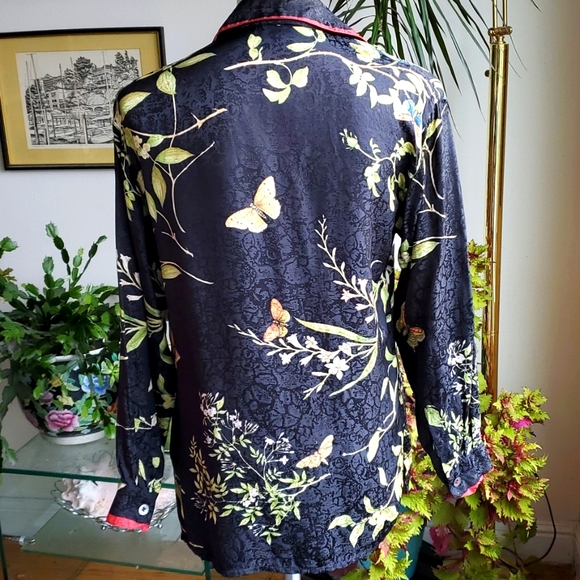 Vintage Signed Jim Thompson Botanical Butterfly Print Black Silk Blouse Size 8 - Picture 7 of 13